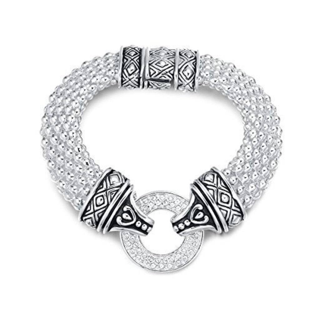 Silver Popcorn Mesh‎ Bracelet Crystal O-Ring Bypass Ornate Engraved Statement